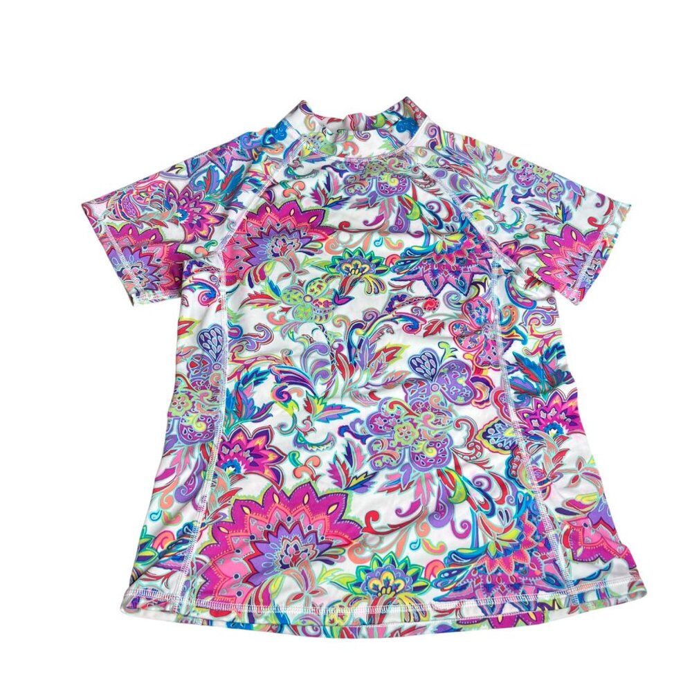 Lands End Girls Rashguard Top Size L‎ Floral Multicolor Short Sleeve